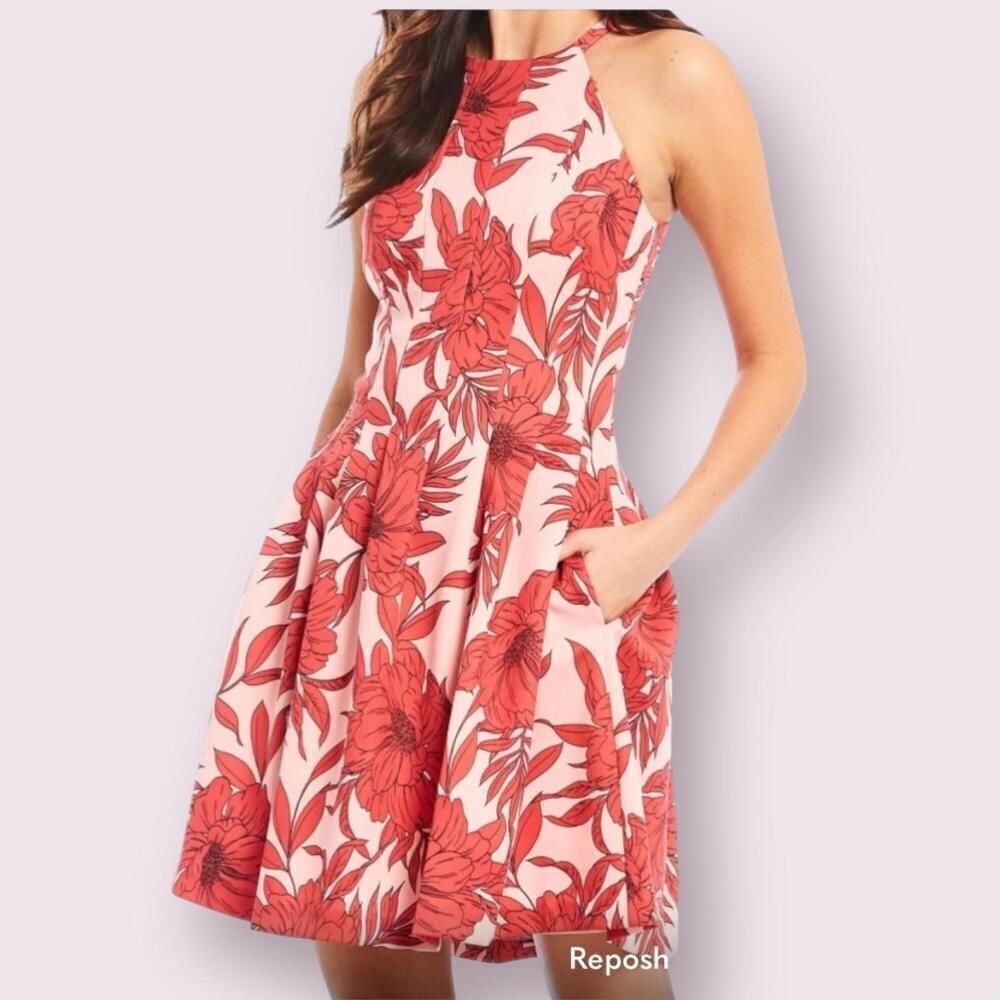 Vince Camuto Women’s 14 Halter Neck Fit and Flare Floral Dress Coral